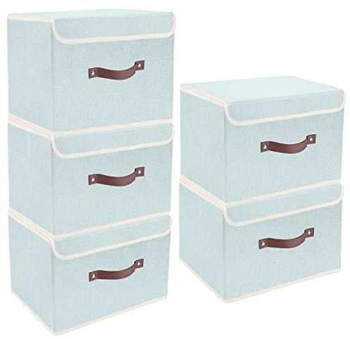 TYEERS Collapsible Storage Box with Lid, Fabric Storage Box for Clothes, Wardrobe Storage, 38x25x25 cm, Set of 5, Aqua Spring