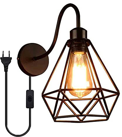 Industrielle Wandleuchte Retro Wandleuchte Diamant Design aus Metall, E27 Wandlampe Innen Vogelkäfig aus Eisen mit Schalter und Stecker Wandlampe für Schlafzimmer Wohnzimmer Flur Küche, Schwarz