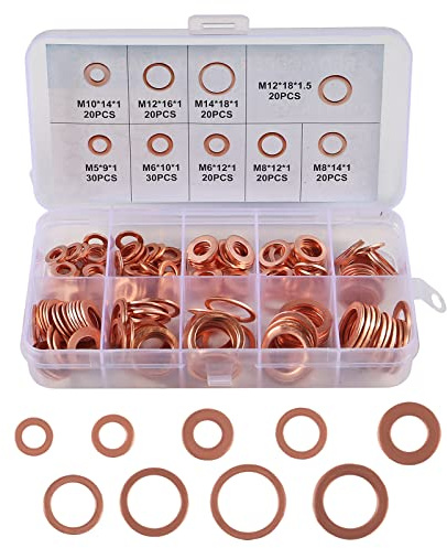 DIANN 200pcs Flat Copper Washer Assortment Set 9 Sizes M5-M14 O Ring Copper Gaskets Set Flat Ring Seal Kit