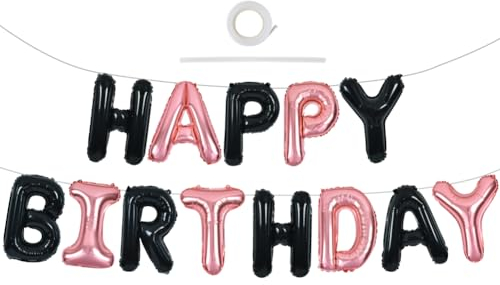 TONIFUL Black Rose Gold Happy Birthday Balloons Banner 16 Inch Mylar Foil Letters Birthday Sign Banner Bunting Reusable for Kids & Adults Decorations and Halloween Party Supplies