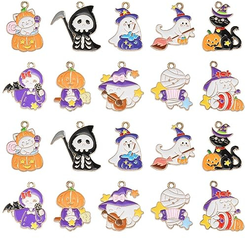 Stiesy Emaille-Charm-Anhänger mit Halloween-Thema, 40 Stück, 10 Stile, Geist, Hexe, Mumie, Katze, Totenkopf, Kürbismuster, baumelnde Charms für Handwerk, Geschenk, Schmuckherstellung