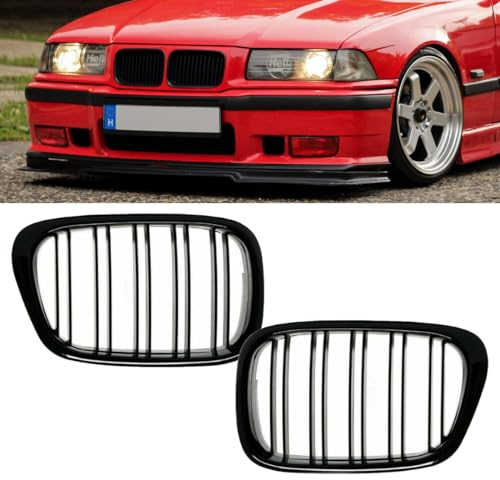 Kühlergrill Doppelsteg E36 3er kompatibel für BMW Hochglanz Schwarz Grill Kühlergitter Set Paar Satz