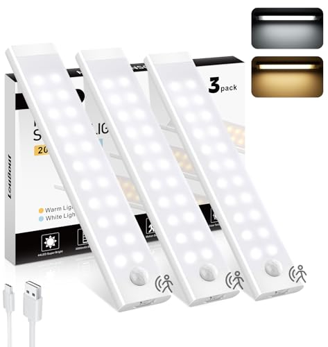 Under Cabinet Kitchen Lights, 44 LED 20 CM Motion Sensor Lights Indoor, 3 Pack Cupboard Lights 2000mAh Type-C Rechargeable Night Light with Magnetic Strip 2 Color Temps for Wardrobe, Closet, Stairs