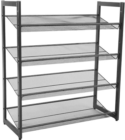 Shoe Rack 4 Tier Metal Steel Mesh Storage Stand, Multi-Functional Shoe Tower Shelf, Shoe Storage Organiser for Living Room, Entryway, Hallway and Cloakroom, Freestanding Elegant Mesh Design (4 Tier)