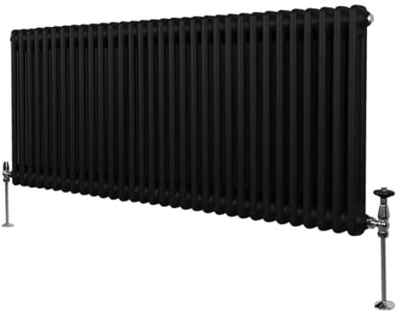 Traditional 2 Column Radiator 600mm x 1462mm Modern Central Heating Heater Matt Black Carbon Steel Horizontal Wall Mounted Kitchen Living Room Bathroom Free Cleaning Brush Fixing Kit & Brackets