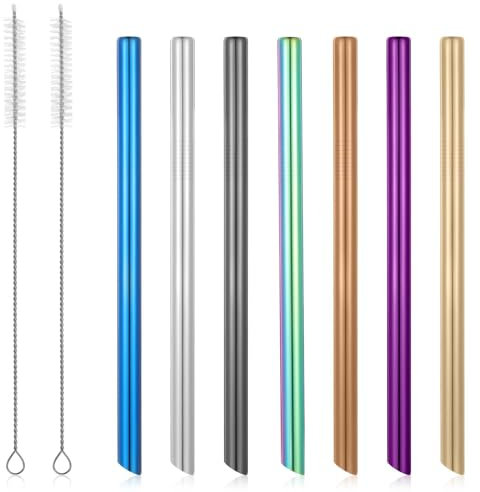 JJUNW 7 Stück Edelstahl Strohhalme, Bunte Trinkhalme mit 2 Reinigungsbürste Wiederverwendbar 21cm Lange Metall Strohhalm Gerade Strohhalm 12mm Extra Breite für Cocktails Säfte Bubble Tea