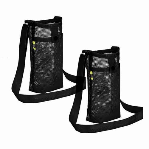 FUZVOL 2PCS Water Bottle Carrier Bag with Adjustable Shoulder Hand Strap Portable Durable Water Bottle Sling Mesh Holder for Adults Kids Hiking Camping Travelling Outdoor Gym Exercise Black