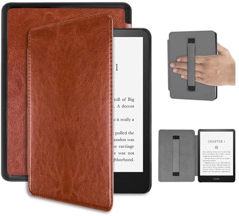 Miimall Schutzhülle für Kindle Paperwhite 12th Gen 2024 & Kindle Colorsoft 7 Zoll Magnetische Hülle Handschlaufe, Premium Leder Stoßfest rutschfest Auto Sleep/Wake Funktion Schlanke Cover Case Braun