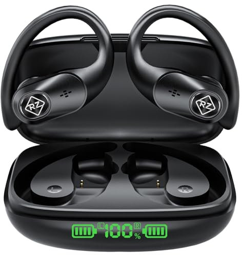 Wireless Earbuds Bluetooth Headphones 96H Playtime LED Display Waterproof Built in Mic Deep Bass Sound Secure Over Ear Buds Earhooks for iPhone Android Samsung Cell Phones Sport