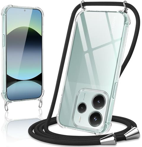 Coiwxmoi Coque avec Cordon pour Xiaomi Redmi Note 14 5G 6.67, Collier Réglable Téléphone Étui Portable Lanyard Case Transparent Ultra Souple Silicone TPU Housse Antichoc Protection Cover, Noir