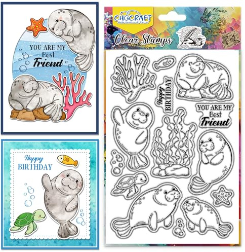 CHGCRAFT Seekuh Muster Clear Stempel Schildkröte Seetang Seestern Transparentes Prägestempel Silikon Stempel Siegel für DIY Scrapbooking und Kartenherstellung Papier Handwerk Dekor 6,3 × 4,3 Zoll