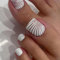 24Pcs Glitter Shell False Toenails Stick On Toenails Toe Nails False Fake Toe Nails Press On Toes Short Square French Tip Summer For Women