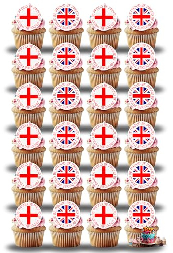 24 x Pre-Cut England Cupcake Toppers st George's Day England Football Cupcake Toppers Edible Premium Wafer Card Fairy Cake Toppers Birthday Cake Decorations Union Jack National Flag