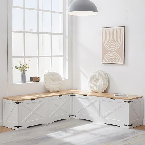 DUDUSHIMAN Kitchen Breakfast Nook Bench, 62.8 L-Shape Storage Corner Bench with Storage, Suitable for Dining Nook,Kitchen Corner and Entryway (White)