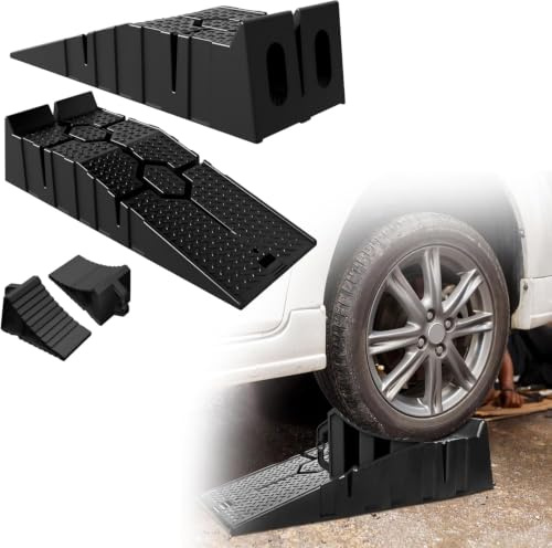 UISEBRT Rampa de carga para coches con cuñas, 2 piezas robustas con cuñas de ruedas, rampa de carga de hasta 5 T, para caravanas, autocaravanas, etc. extra alta, color negro