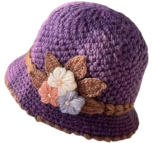 Muorruo French Thicken Damen Blumen Strick-mütze Modische Beanie-Mütze Häkel-Eimermütze für den Winter, Blumenhäkel-Vintage-Mütze Hohlmütze Atmungsaktive Strick-Totenkopfmütze, Lila