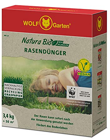 Wolf-Garten - Natura Bio Rasendünger NR 3,4 für 50m²; Verpackung aus Recycling Graspapier, Rot