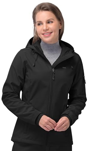 33,000ft Women's Softshell Jacket, Fleece Lined Warm Jacket Light Hooded Windproof Coat for Outdoor Hiking