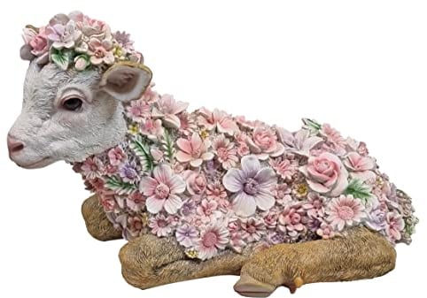 Fachhandel Plus Dekofigur Ziege liegend mit Blumen lustige Gartendeko Tierfigur Indoor Outdoor