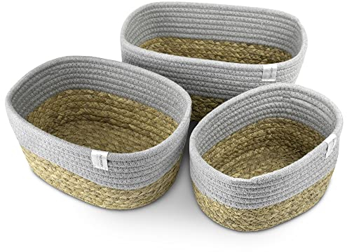 NORDIS DESIGN Aufbewahrungskörbe 3er Set aus Wasserhyazinthe und Baumwolle, Bad Aufbewahrungskorb geflochten als Korbset zur Badezimmer Aufbewahrung & Bad Organisation grau