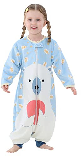 outfit spring Baby Cartoon Schlafsack mit Füßen, Schlafstrampler mit Beinen Lange Ärmel Reißverschluss Süße Schlafanzug Schlummersack für Kinder Mädchen Jungen Vierjahreszeiten 3-5 Jahre Eisbär