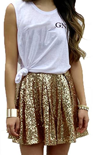 Pailletten Rock Damen Plisseerock Shiny Damen Metallischer Faltenrock Mini Skaterrock Stretch Skater Rocke Minirock Glitzer Kurz Rock Party Club Kostüm Faltenrock für Damen und Mädchen (Gold, XL)