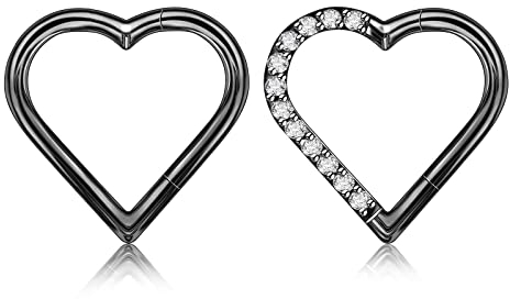 Longbeauty G23 Titan 16G Klicker Herzform Piercing Ring Segmentring Ohrpiercing Daith Helix Tragus Knorpel Ohrringe, Schwarz, 10MM, 2 Pcs