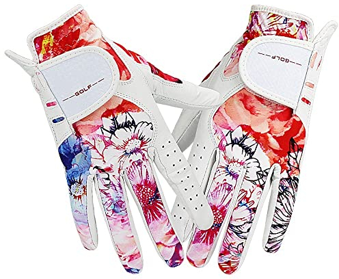 Golfhandschuhe Pack 1 Paar Golfhandschuhe Frauen Links und rechts Echtes Leder Lycra rutschfeste Bunte Stoff Atmungsaktive weiche Sporthandschuhe Golfhandschuhe Damen (Size : 18 Small)