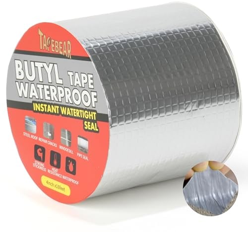 TAPEBEAR Wasserdichtes Butylband 100mmx5m, Wasserdichtes Starkes Selbstklebendes DichtungsbäNder, Silber Aluminium Klebeband Zur Reparatur Für Dachleckage, Oberflächenriss, Fensterbankspalt, Rohrbruch
