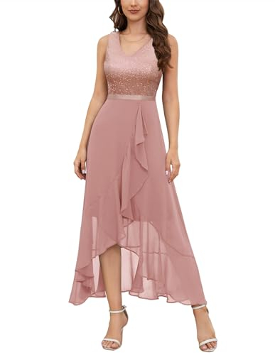 Berylove Cocktailkleid Damen Paillettenkleid Abendkleid Lang Elegant für Hochzeit Party Kleid Ballkleider Rosa BLS0015 Blush S