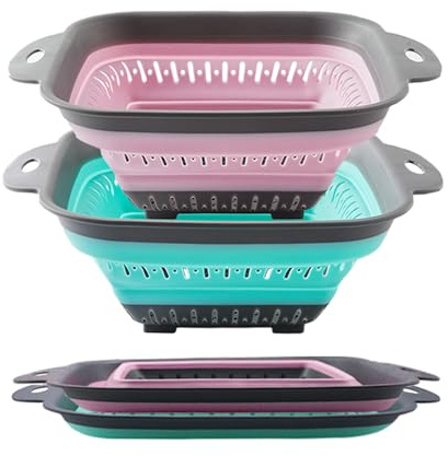 Fglmctsh Collapsible Colander Set, Square Round Triangles Silicone Kitchen Strainer Perfect for Draining Pasta Vegetable fruit 2 PCS (10.8L x 8.6W x 2H, Red & Green)