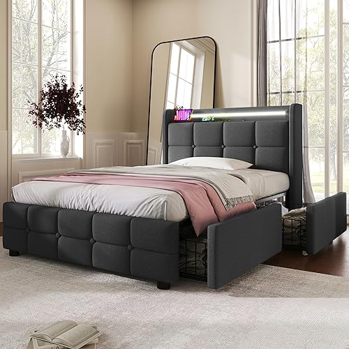 Merax Polsterbett 90x200 cm mit LED-Beleuchtung und Aufladen USB, Einzelbett Bettgestell mit Lattenrost und Stauraum Kopfteil, Bett mit 2 Schubladen, Leinenmaterial, Jugendbett, ohne Matratze, Grau