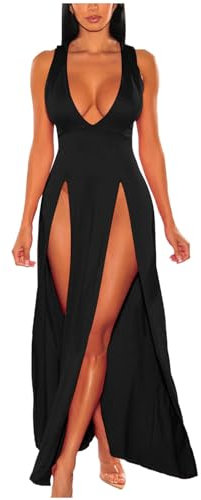 Zeiayuas Evening Dresses Women's Wedding Bridesmaid Maxi Dress High Split Sexy Party Dress Sleeveless V Neck Cocktail Clubwear Floor Length Bandage Prom Ball Gowns Black