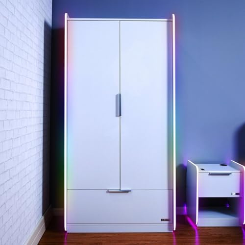 X-Rocker Electra 95cm x 55cm, RGB LED 2 Door Wardrobe - Neo Motion™ Sync App Controlled LED Lights, Clothes Hanging Rail, Storage Shelves, Bottom Drawer, Durable Wooden Frame for Kids & Teens - White