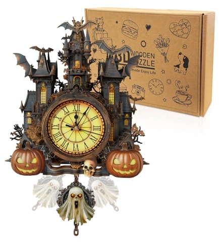 Cutywood Holzpuzzle Uhr, 3D Holzpuzzle Erwachsene, Halloween Uhr | 3D Holzpuzzle/3D Wooden Puzzle/Funktionale Uhr/42.3 cm*28.1 cm/Halloween Deko/Geschenke für Freunde/Familien