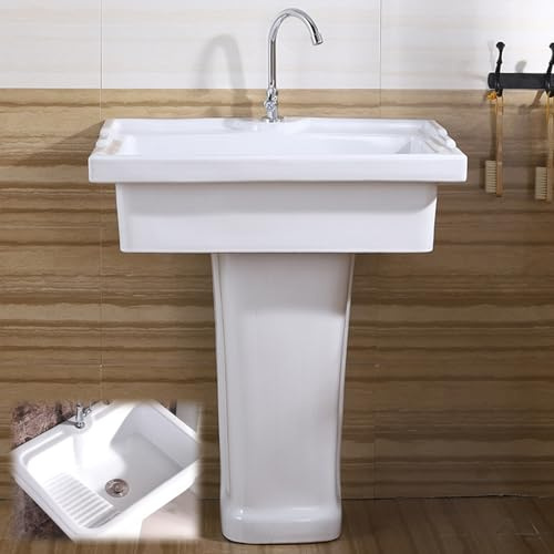 Weißes Keramik Waschbecken mit Integriertem Waschbrett, Einbauwaschbecken mit Armatur für Waschküchen, Badezimmer und Keller