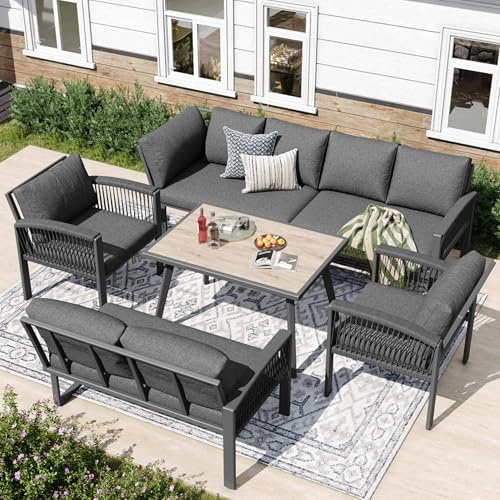bytnghy 8 Seater Garden Lounge Set, Ropework Outdoor Furniture with Wood Grain Large Table, Iron Frame & Adjustable Legs, Waterproof Cushions Included for Garden Patio Balcony Terrace (Gray)