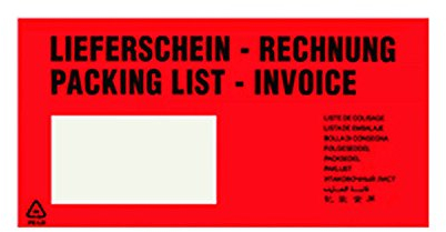 verpacking 100 Lieferscheintaschen Versandtaschen Pakettaschen DIN-Lang, 225 x 110 mm, rot, bedruckt