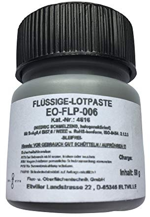 Niedrig schmelzende flüssige No-Clean Lotpaste EO-FLP-006 für die Elektronik (halogenaktiviert), Pinselflasche mit 50 g, SnAgBi57,6, ergiebig, herausragenden Löteigenschaften,