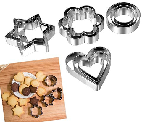 Fancy Shapes Set of 12 Metal Cookie Cutters Round Heart Flower Star Biscuit UK