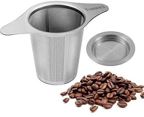 Yoassi Kaffeefilter Edelstahl Dauerfilter Wiederverwendbar Handfilter Teesieb für Tasse mit Doppel-Griff und Abtropfschale/Deckel für Kanne/Teekanne/Kaffeekanne/Töpfe