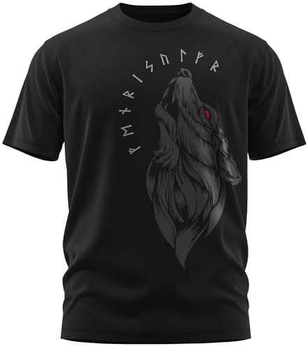NØRTH Legendary Herren T-Shirt - Fenriswolf 1.0 Fenrir Wolf Brust Aufdruck, nordische Wikinger Walhalla Geschenke für Männer, Odin Thor Valhalla Viking Shirt, Größe:L, Farbe:Blutrot