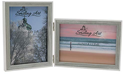 Smiling Art Bilderrahmen für 2 Fotos aus MDF Holz mit Glasscheibe, klappbarer Bilderrahmen, Doppelrahmen in Querformat und Hochformat (Weiß+Grau, 2x13x18 cm)