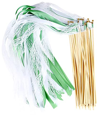 Opaltool Lot of 50 Baguette de Mariage avec Clochette, Baguettes de Ruban de Soie Bâtons Baguettes Magiques de Fée en Dentelle pour Mariage Anniversaire Performance Props Party Favors (Vert)