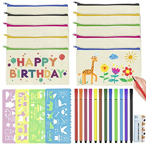 SIMSPEAR 10 Stück Leinwand Federmäppchen zum Bemalen, Stoffbeutel Mäppchen zum Bemalen mit 12 Buntstift, 4 DIY Malschablonen und Haftnotizen für Basteln Kindergeburtstag Kosmetiktasche Aufbewahrung