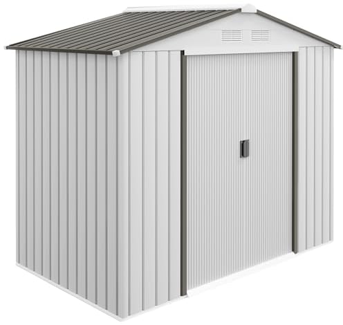 Outsunny Casetta da Giardino 2.5m² in Acciaio Zincato con Basamento e Prese d'Aria, Capanno Porta Attrezzi con Tetto Inclinato, Doppie Porte Scorrevoli Bloccabili, 213x130x185 cm, Bianco Argentato