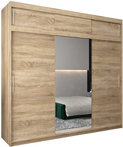 MEBLE KRYSPOL Kleiderschrank mit Spiegel Tokyo 1 - Garderobenschrank - Schrank Schlafzimmer - Mehrzweckschrank DREI Schiebetüren - Regalen - Flur Möbel - Kleiderstange Schrank - Allzweckschrank