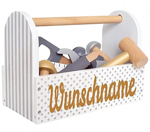 Elefantasie Werkzeugkiste Werkzeugkasten aus Holz grau personalisierbar mit Name Baby Geschenk mit Gravur
