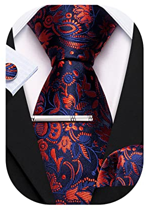 Barry.Wang Herren Krawatte Seide Set Florale Paisley-Krawatte Einstecktuch Manschettenknöpfe im Krawattenklammer Feierliche Hochzeit Party