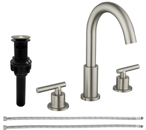 VIKASI Robinets d'évier de salle de bain en nickel brossé à 3 trous pour évier de 20,3 cm avec drain pop-up robinet à 2 poignées